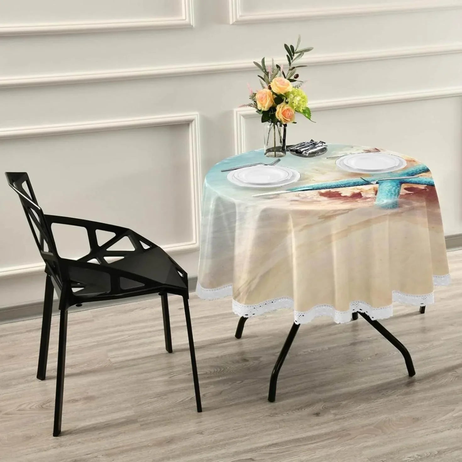 SKYSONIC Starfish Summer Beach Round Tablecloth 60inch Indoor Wrinkle Free, Sea Wave Conch Circular Lace Table Coating Washable for Kitchen Party BBQ Dining Decor