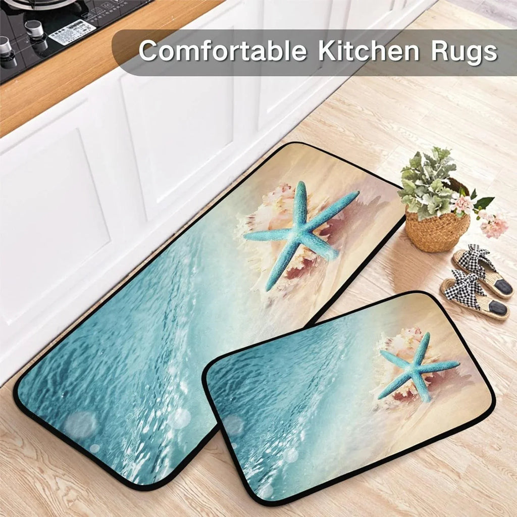 Bestwell Starfish Summer Beach Kitchen Mats and Rugs, Sea Wave Conch Floor Runner Area Rug Washable Carpet Perfect for Living Room Bedroom Entryway, 19.7"x27.6" + 19.7"x47.2"