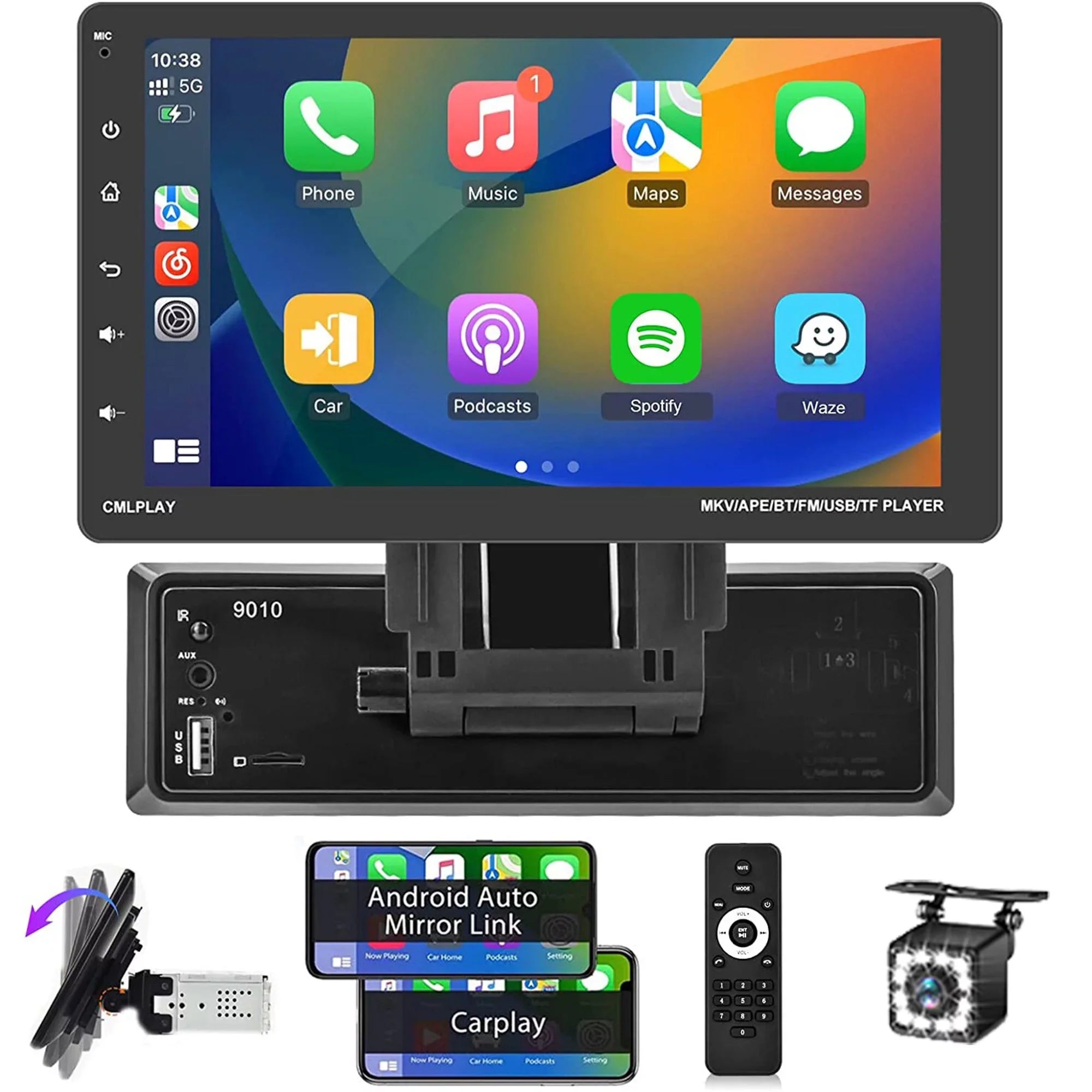 Podofo Single 1 Din 9'' Car Stereo Radio with Apple Carplay Android Auto Mirror Link HD Touch Screen Car MP5 Player Multimedia Bluetooth USB FM Audio Receiver,Backup Camera Included