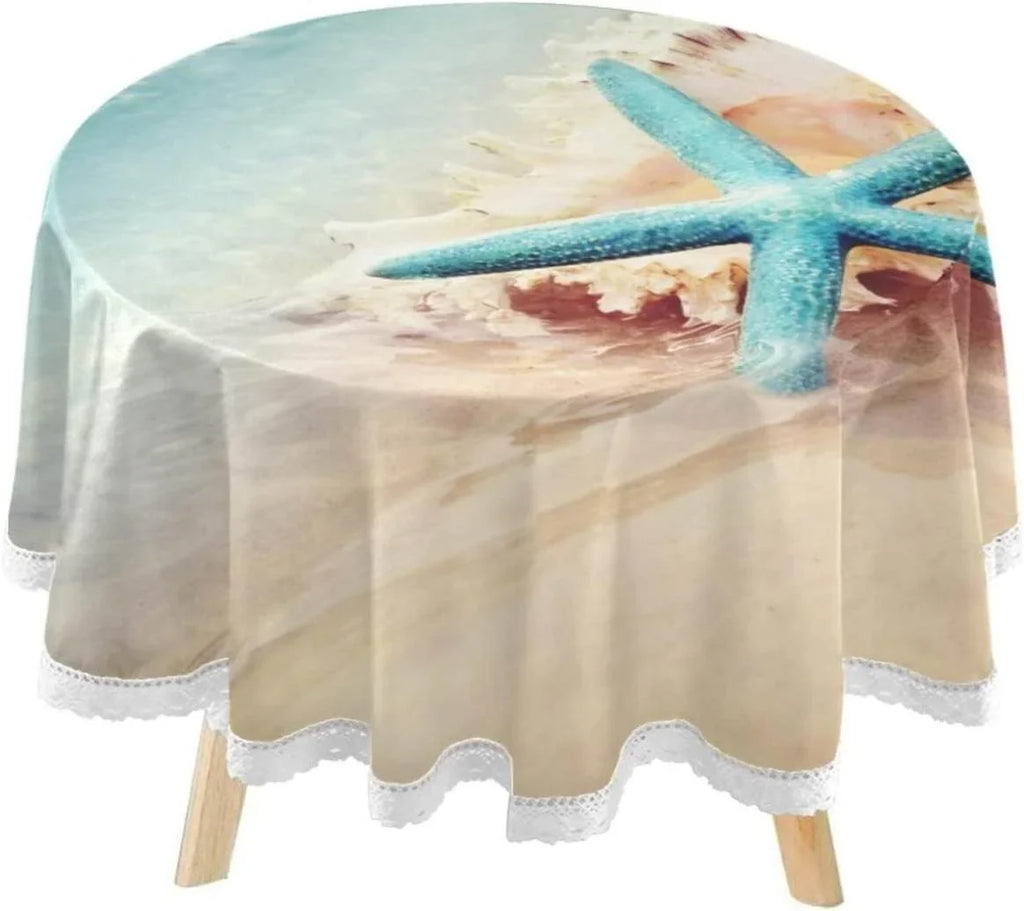 SKYSONIC Starfish Summer Beach Round Tablecloth 60inch Indoor Wrinkle Free, Sea Wave Conch Circular Lace Table Coating Washable for Kitchen Party BBQ Dining Decor