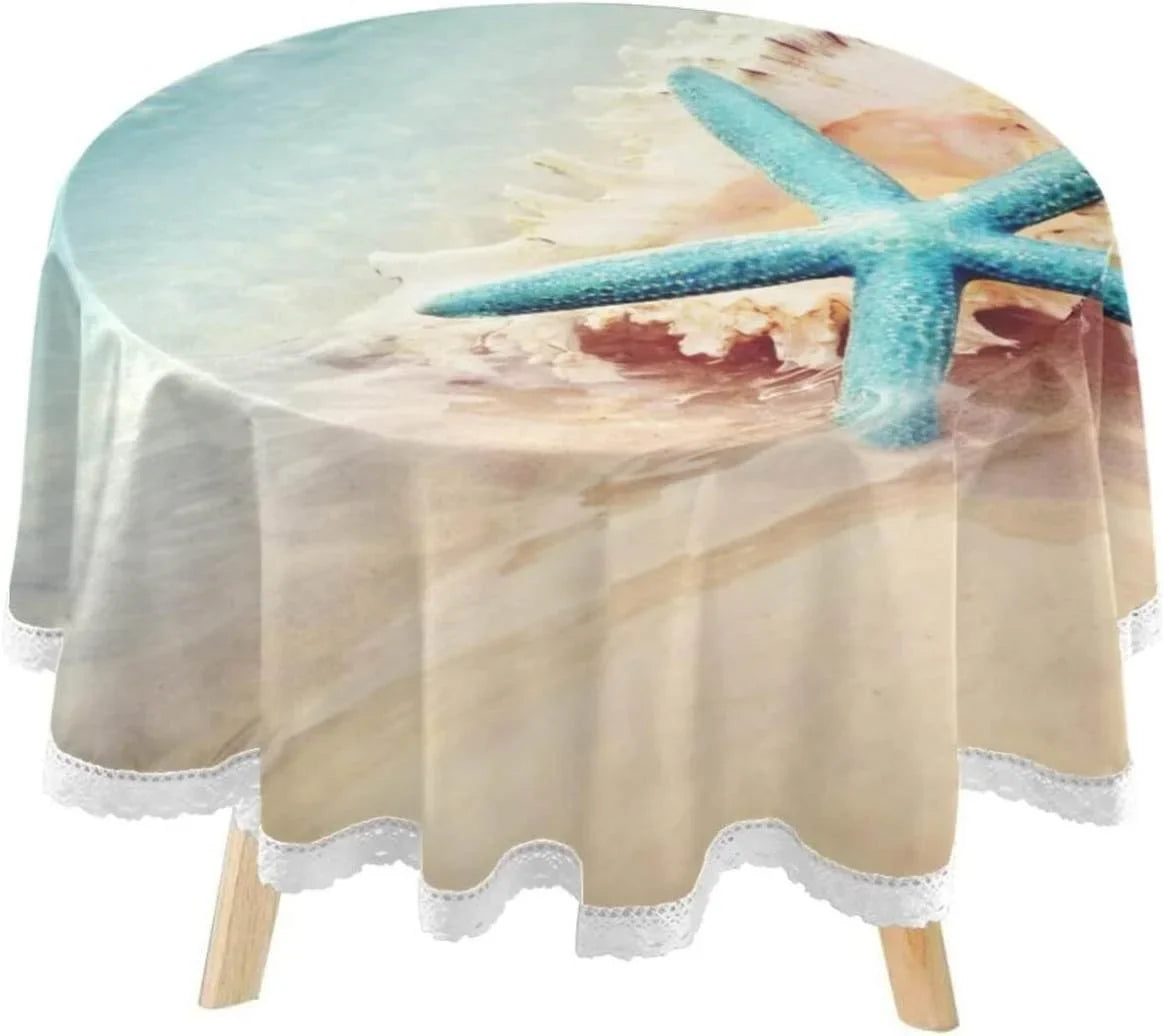 SKYSONIC Starfish Summer Beach Round Tablecloth 60inch Indoor Wrinkle Free, Sea Wave Conch Circular Lace Table Coating Washable for Kitchen Party BBQ Dining Decor