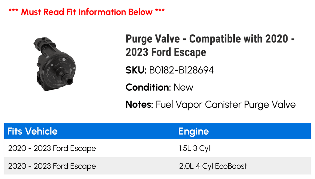 Purge Valve - Suitable with 2020 - 2023 Ford Escape 2021 2022