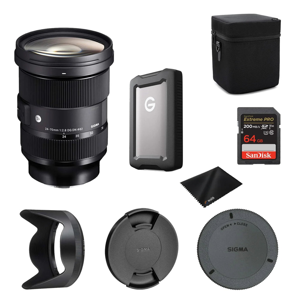 Sigma 24-70mm F2.8 DG DN Art Lens for Sony E with Professional 1TB External Hard Drive USB-C 3.2 Gen 1, 64GB Extreme PRO UHS-I SDXC Memory Card and Waith Microfiber Cleaning Cloth (Bundle Set)