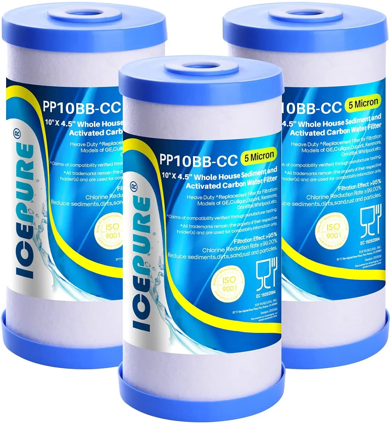 5 Micron 10" x 4.5" Whole House Water Filter Fitting with GE FXHTC, GXWH40L, RFC-BBSA, W50PEHD, Whirlpool WHKF-GD25BB, GXWH35F, GNWH38S, Dupont WFHD13001, Pentek R50-BB, 4WH-HDGR-F01 3PACK