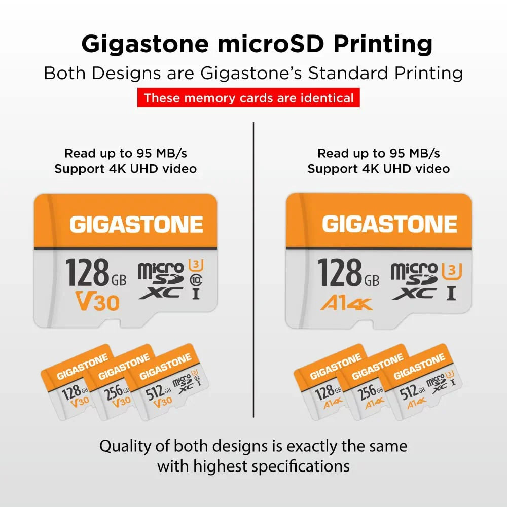 Gigastone 128GB Micro SDXC Card, 4K UHD Video, A1 Class 10, Surveillance Security Cam Action Camera Drone Professional, Dash Cams, 2 Pack (2x128GB)