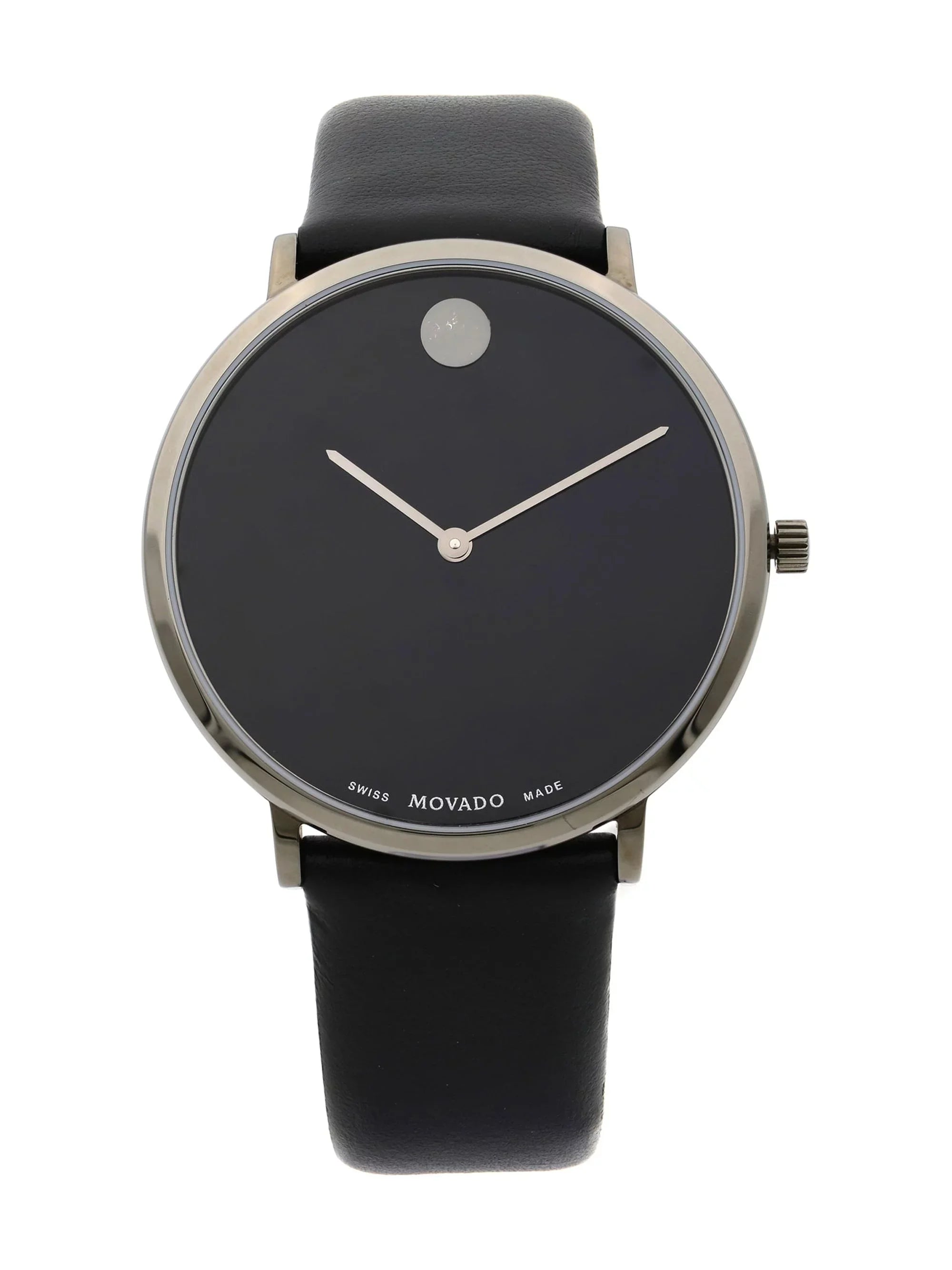 Pre-Owned Movado Modern 47 Ultra Slim Black Leather Strap Quartz Mens Watch 0607391 (Good)