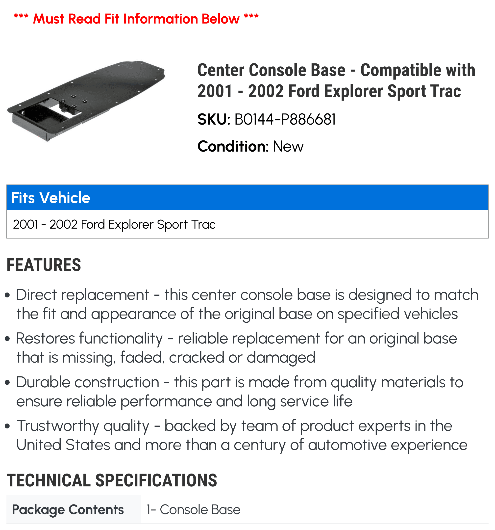 Center Console Base - Suitable with 2001 - 2002 Ford Explorer Sport Trac