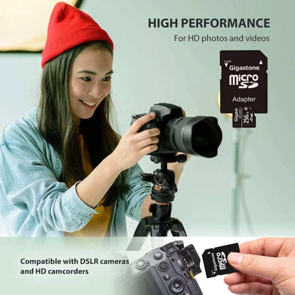 Gigastone 256GB Micro SD memory Card, 4K UHD Video, Surveillance Security Cam Action Camera Drone Professional, Dash Cams, 100MB/s Micro SDXC UHS-I A1 Class 10, 2 Pack (2x256GB)