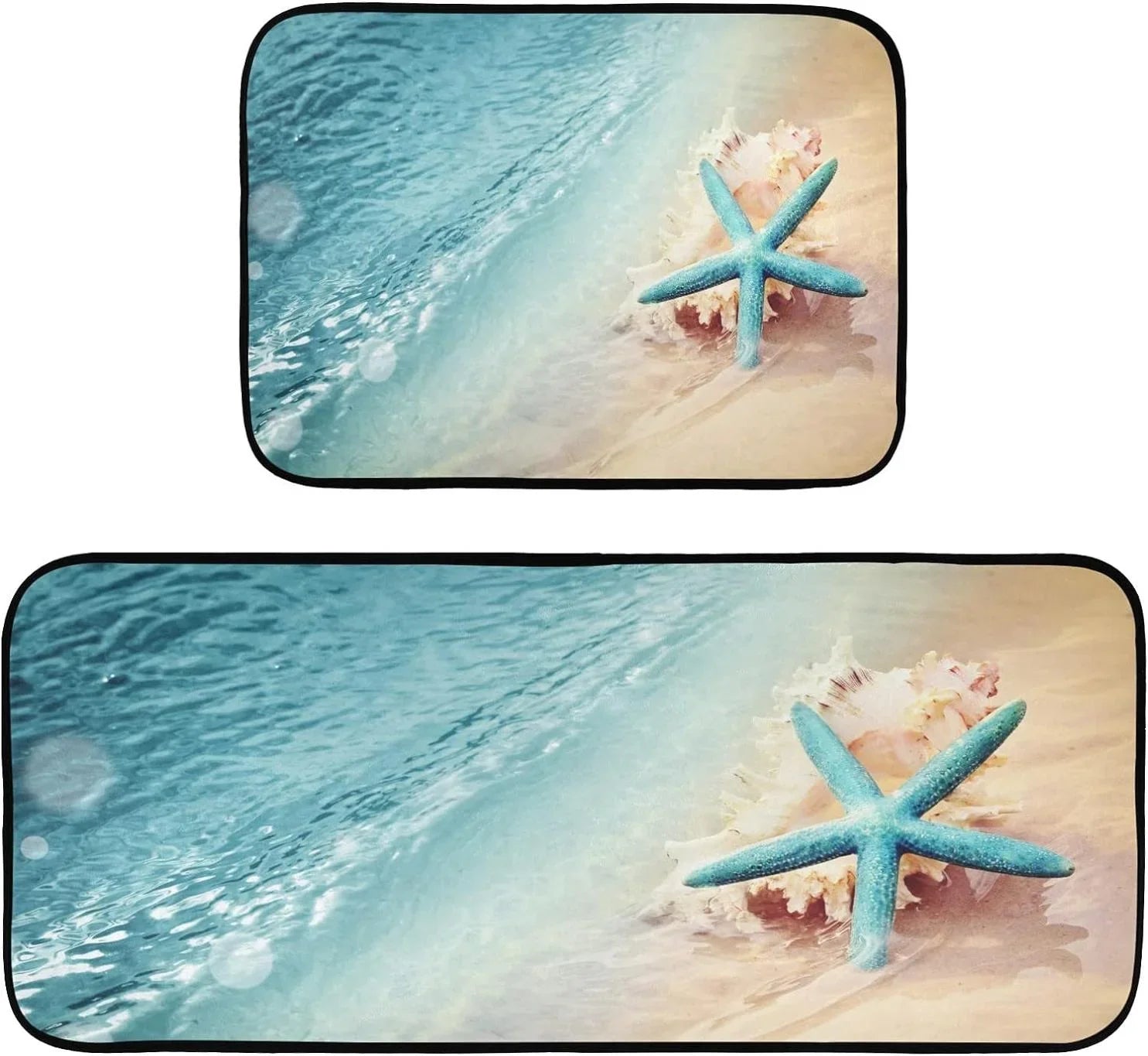 Bestwell Starfish Summer Beach Kitchen Mats and Rugs, Sea Wave Conch Floor Runner Area Rug Washable Carpet Perfect for Living Room Bedroom Entryway, 19.7"x27.6" + 19.7"x47.2"