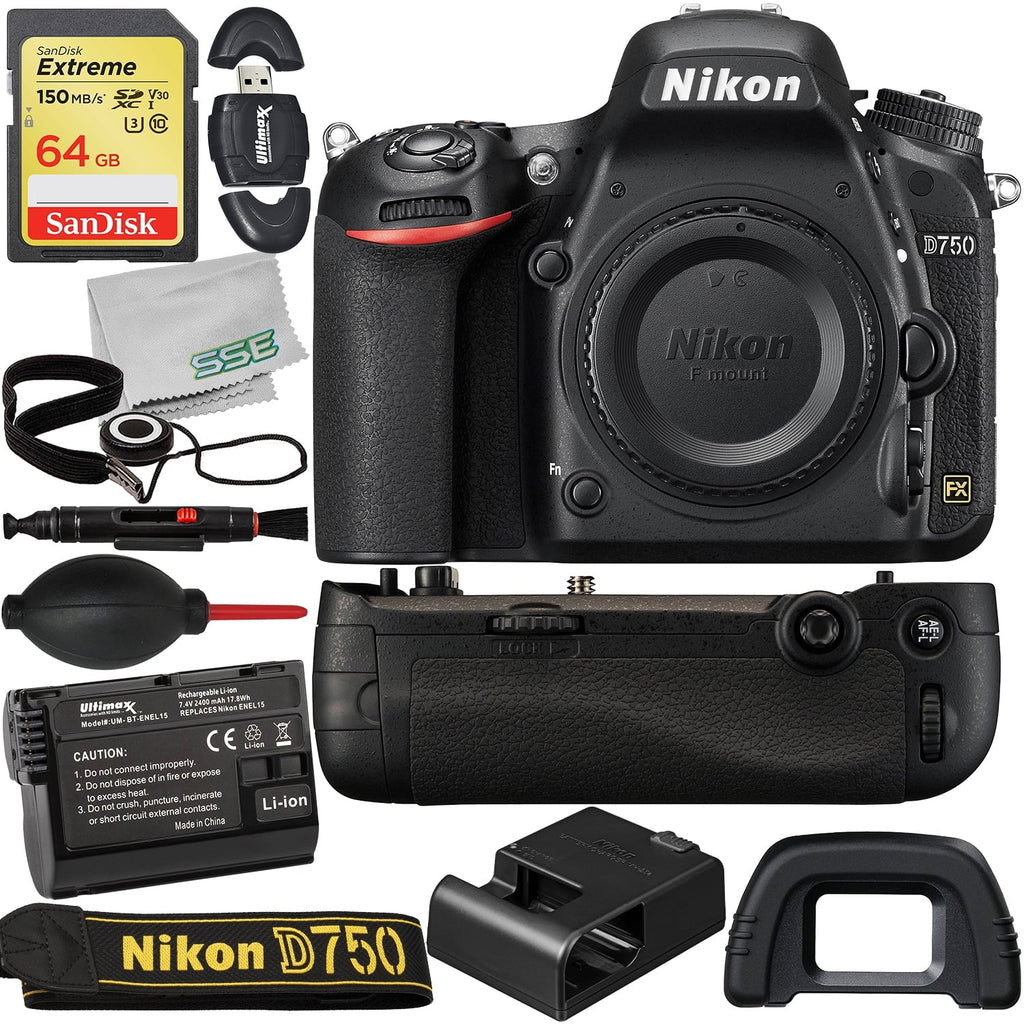 Nikon D750 DSLR Camera (Body Only) with MB-D16 Multi Battery Power Pack + SanDisk 64GB Extreme SDXC Memory Card, Extended Life Replacement Battery & More (18pc Bundle)
