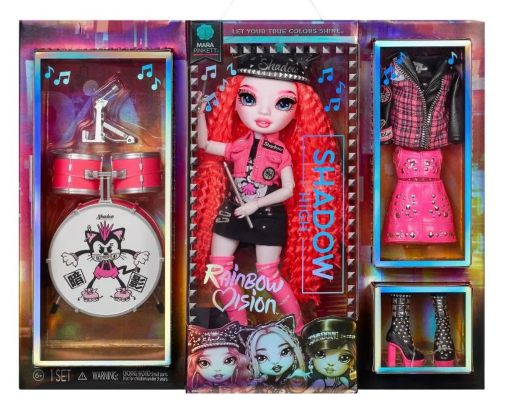 Rainbow Vision Shadow High Neon Shadow-Mara Pinkett (Neon Pink) Fashion Doll. 2 Designer Outfits Mix & Match Rock Band Accessories Playset, Excellent Gift for Kids 6-12 Years Old & Collectors