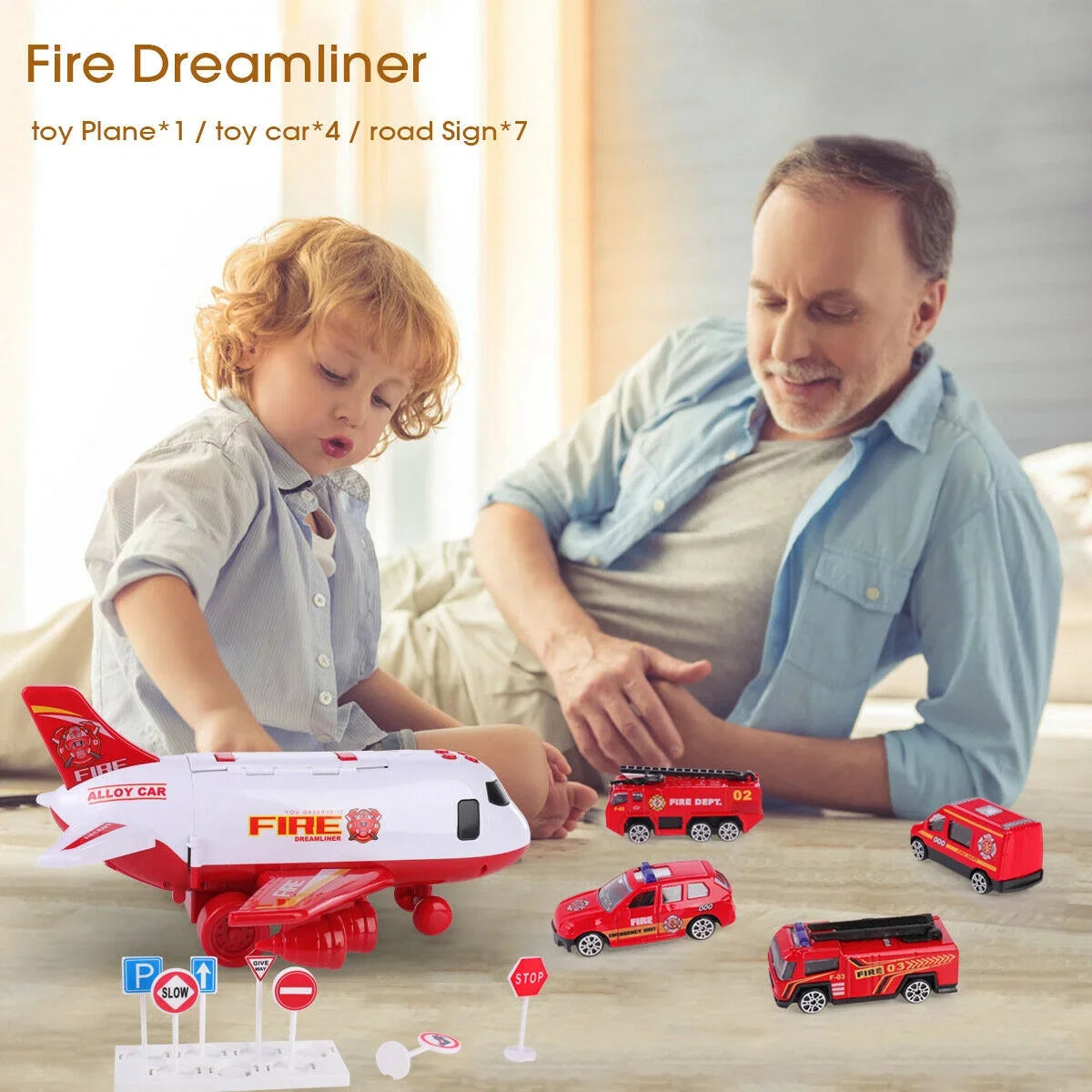 SHAN Airplane Toy Fire Truck Playset with Music and Lights, Transformable Airplane Storage Cart, 3-6 Years Old Boys and Girls Birthday Christmas Gift (Red)