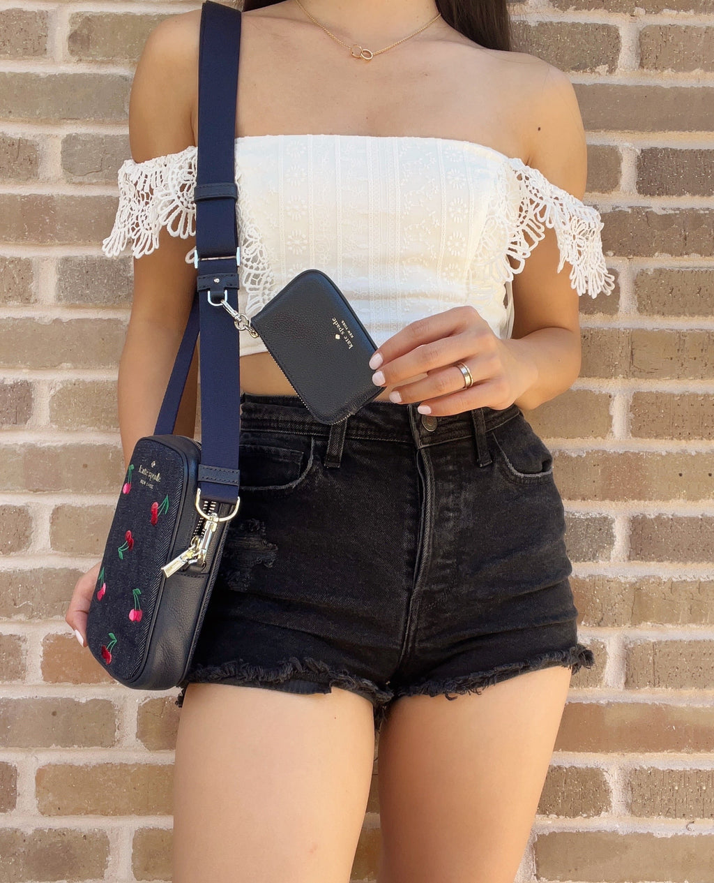Kate Spade Denim Rosie Embroidered Cherries NS Phone Crossbody + Zip Pouch Coin