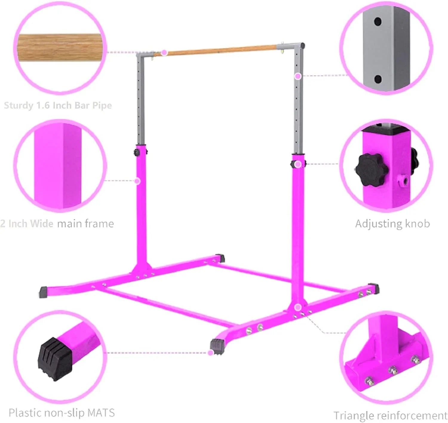 Expandable Pink Gymnastics Kip Bar with Free Foam Pad - Athletic Standard Horizontal Training Bar