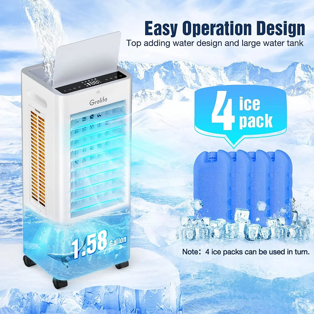 LIANMEI Portable Evaporative Air Cooler, 3-IN-1 Air Cooler Cooling Fan with Remote Control, 12H Timer, 4 Ice Packs, 1.58Gal Water Tank, 3 Modes, 3 Speeds, Personal Swamp Cooler for Bedroom Home Office