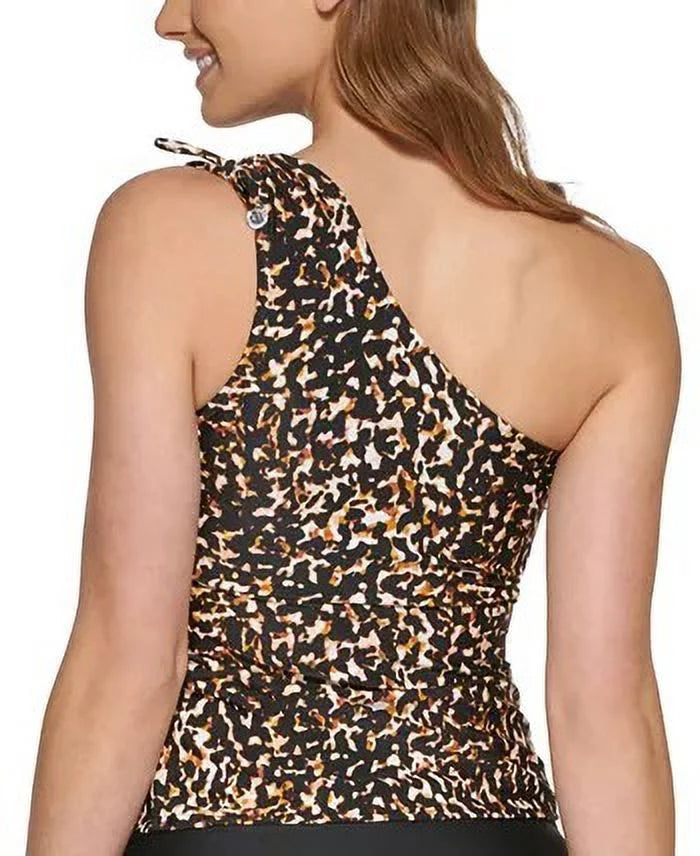 DKNY Women's Printed One Shoulder Tankini Top Swimsuit Black Size Medium