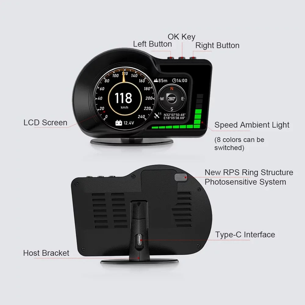 Andoer Dual System Car Head Up Display with Speed/Clock/RPM, Overspeed Alarm, Brake Test, GPS Navigation,