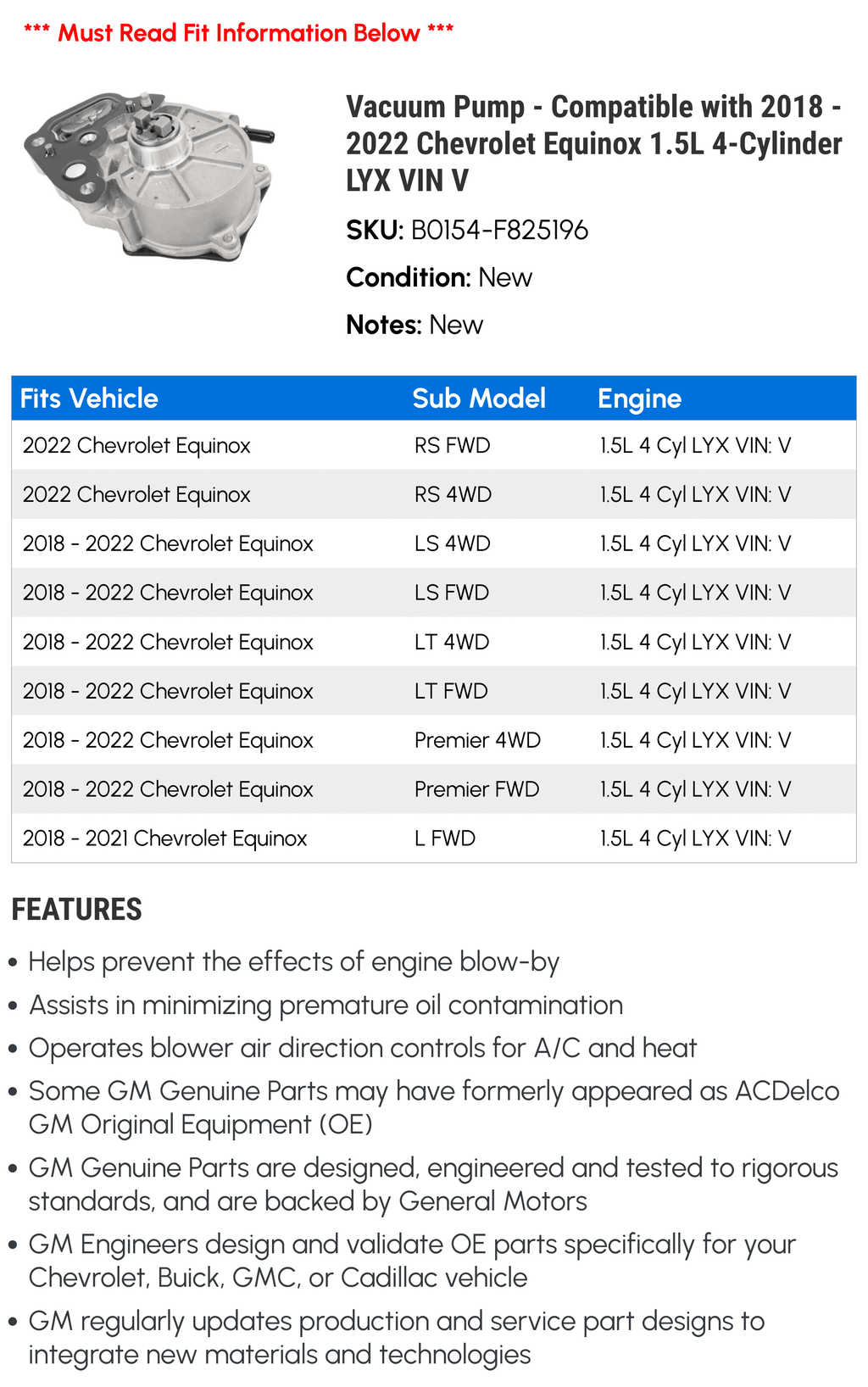 Vacuum Pump - Fitting with 2018 - 2022 Chevy Equinox 1.5L 4-Cylinder LYX VIN V 2019 2020 2021