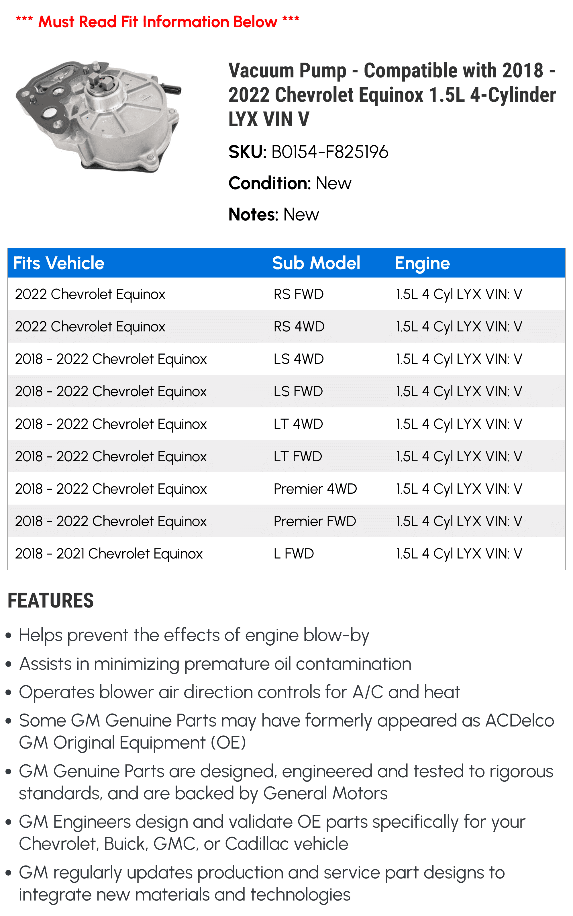 Vacuum Pump - Fitting with 2018 - 2022 Chevy Equinox 1.5L 4-Cylinder LYX VIN V 2019 2020 2021