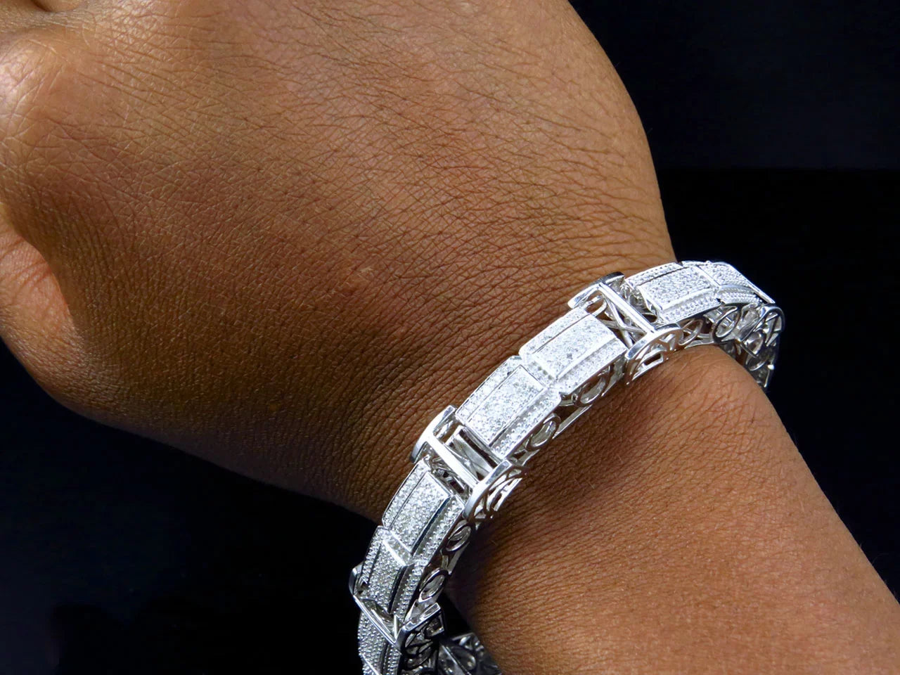 Men's 10K White Gold Genuine Diamonds 3D Pave Bar Style Bracelet 15mm 5.5Ct