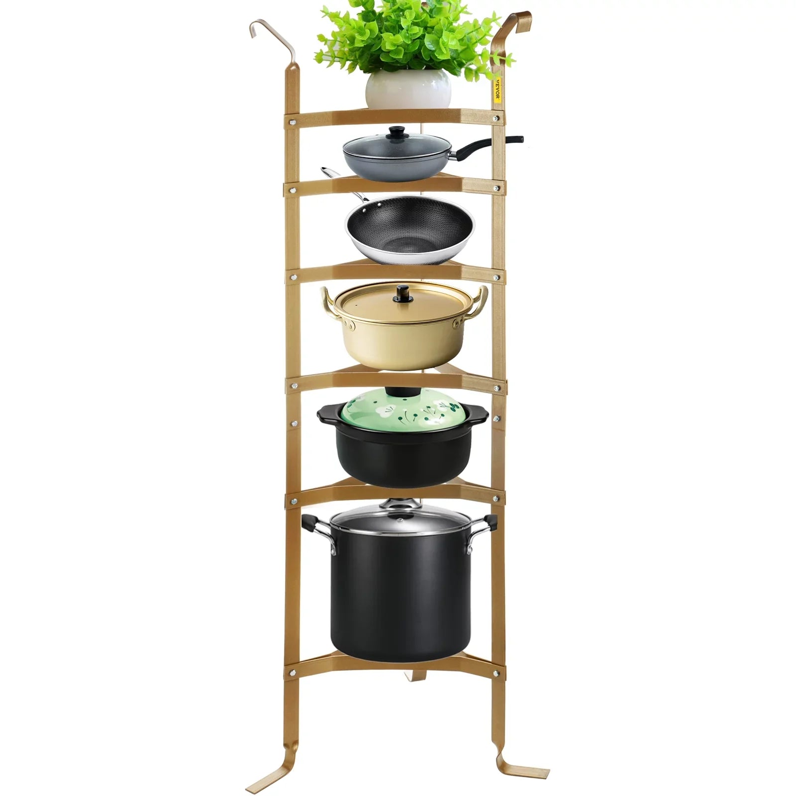 SKYSHALO 6-Tier Cookware Stand, Carbon Steel Multi-Layer Pot Rack, 61-inch Cookware Shelf, Copper Cookware Storage Tower, Unassembled Kitchen Corner Shelf Rack for Pans, Pots, Baskets Kettles Storage