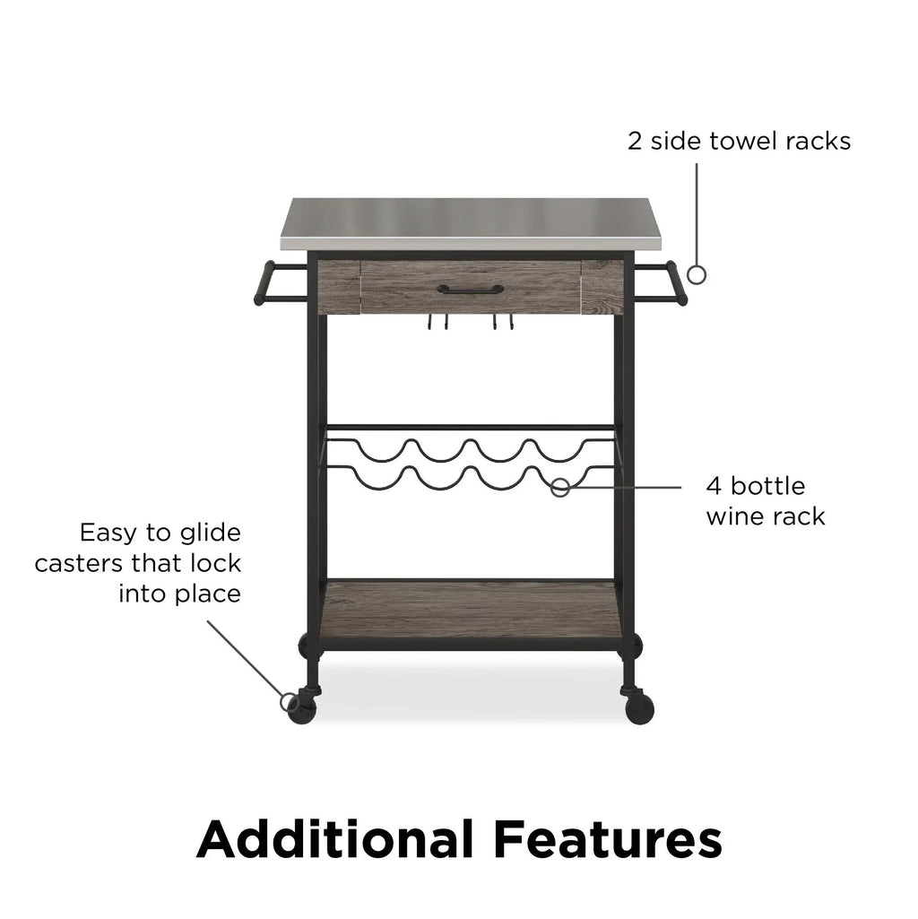 Novogratz Nora Multifunctional Kitchen Cart, Wine Rack and Pantry Storage, Stainless Steel and Black Metal, Brown