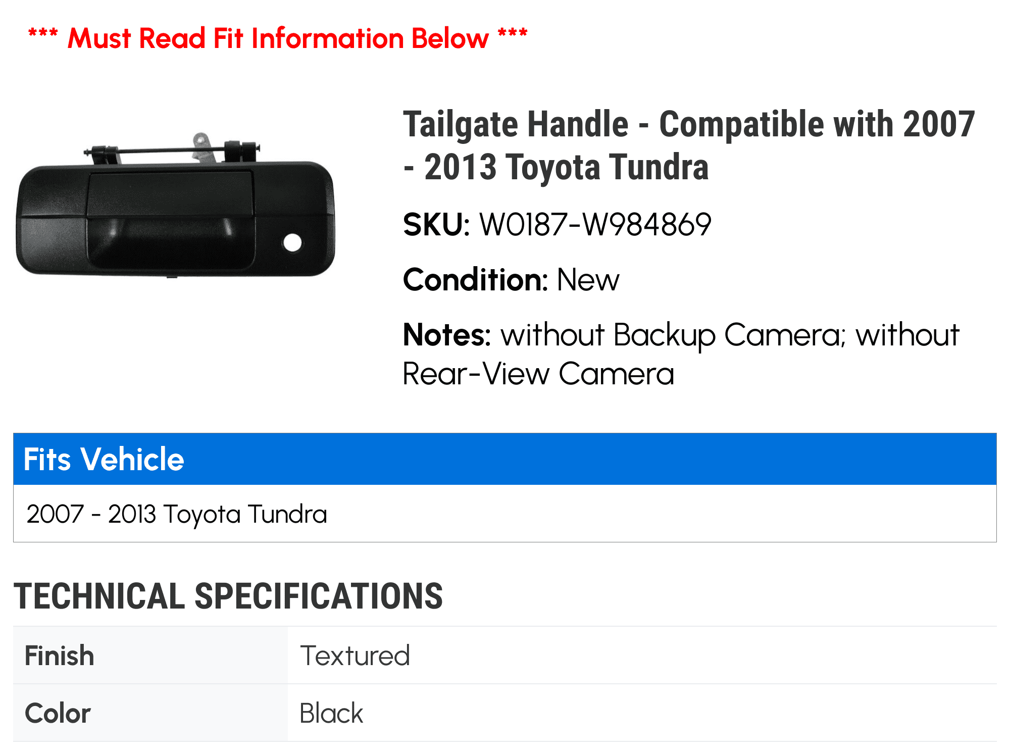 Tailgate Handle - Textured Black - without Backup Camera - Fitting with 2007 - 2013 Toyota Tundra (Models without Rear-View Camera) 2008 2009 2010 2011 2012