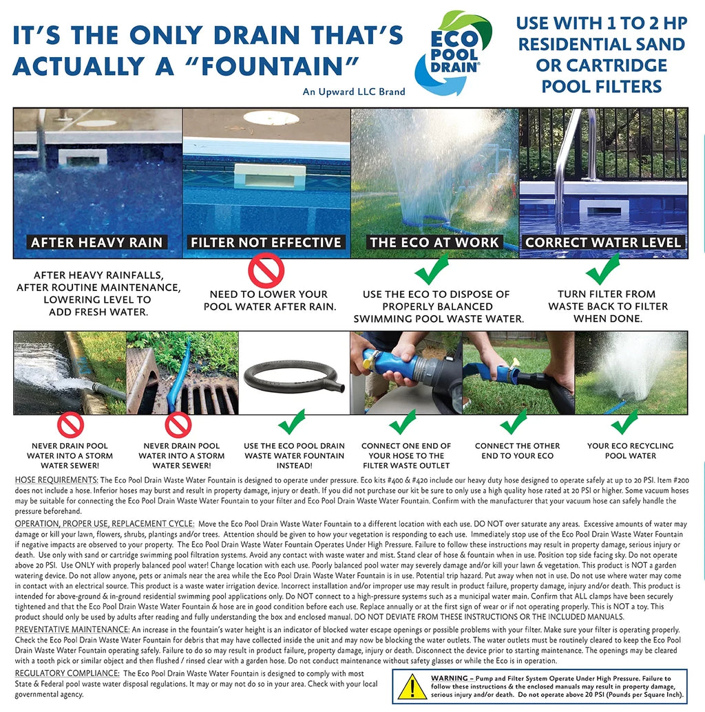 Eco Pool Drain Waste Water Fountain for Sand & Cartridge Filtered Swimming Pools #200