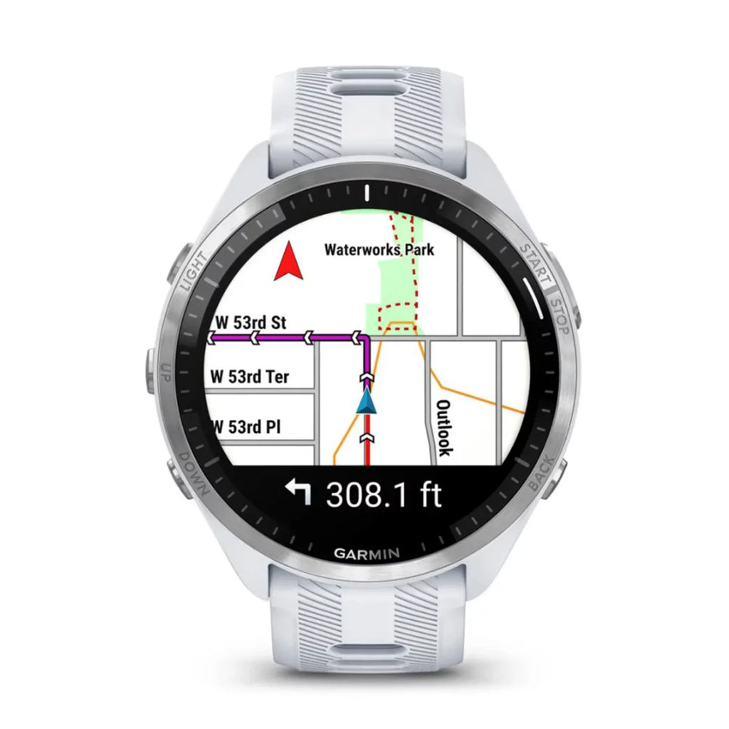 Garmin Forerunner 965 Smartwatch (White) Bundle with USB-C Charging Cable and Adapter, 6Ave Cleaning Kit, and Extended Protection