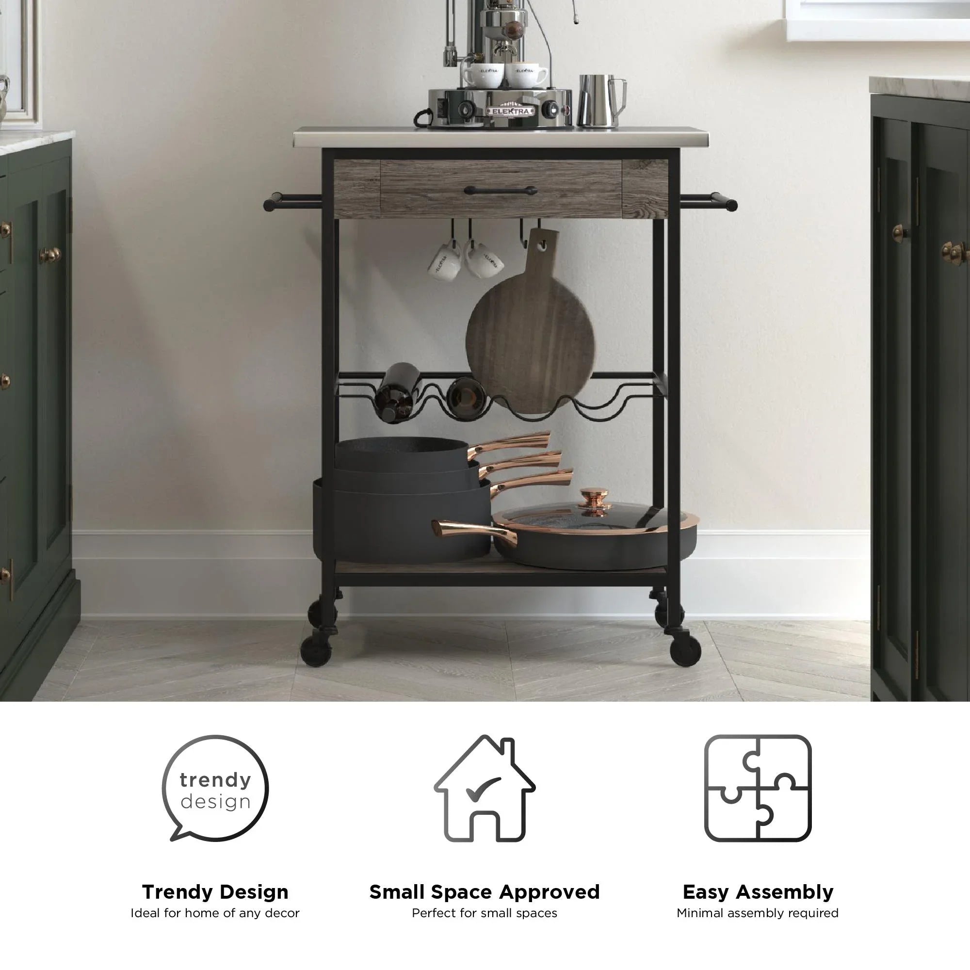 Novogratz Nora Multifunctional Kitchen Cart, Wine Rack and Pantry Storage, Stainless Steel and Black Metal, Brown