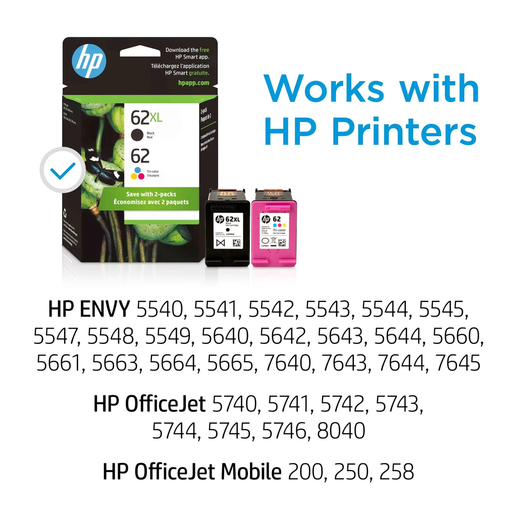 HP 62XL Black/62 Tri-Color Ink Cartridges, N9H67FN, 2/Pack